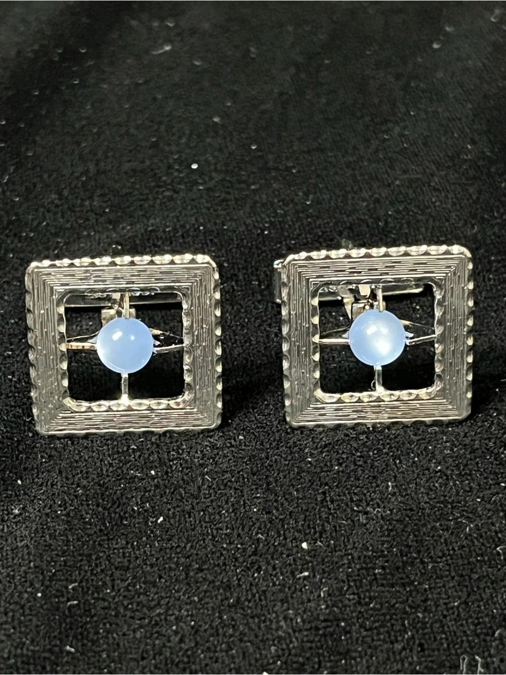 Vintage Silver Blue Moongloe Lucite Cabochon Square Cufflink and Tie Tack Set